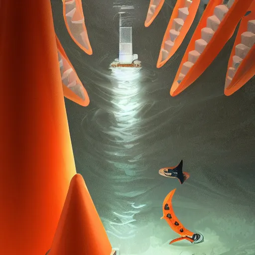Prompt: orange and white striped traffic cone with 5 rows of shark teeth breaking through the cracks, ocean background detailed atmospheric - ron cheng & alphonse mucha, highly detailed, digital painting, ray tracing, concept art, illustration, smooth sharp focus, intricate, symmetry, artstation,