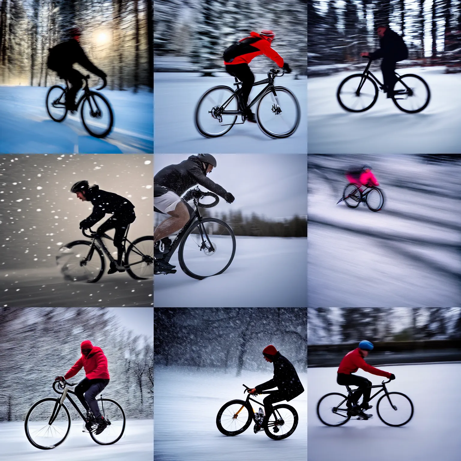 Prompt: a man racing a bicycle, motion blur, award winning photo, snow, high detail, atmospheric, 8k