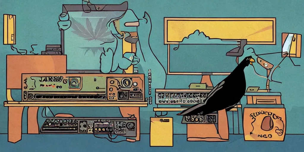 Image similar to 'black chicken'!!! smoking 'cannabis'!!!!!! in front of 'audio console'!!!! and 'multi monitors'!!!! 'in a hi-tech tv broadcasting studio'!!!!, artwork by James Gilleard