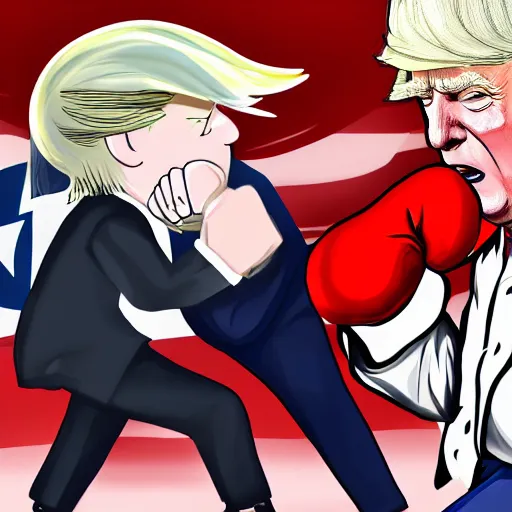 Prompt: A detailed picture of anime Bernie Sanders punching Donald Trump in the face on the side of a mountain