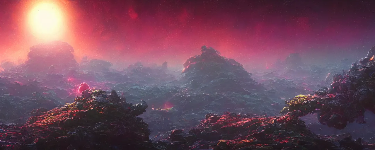 Image similar to ” outer planet landscape, [ cinematic, detailed, epic, widescreen, opening, establishing, mattepainting, photorealistic, realistic textures, octane render, art by paul lehr ] ”