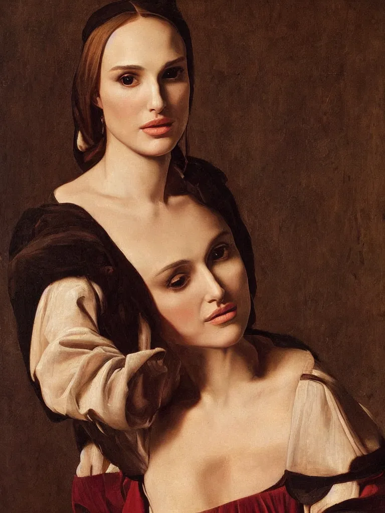 Image similar to a portrait of a Natalie Portman , beautiful clothes, oil painting in a renaissance style , very detailed, painted by Caravaggio.