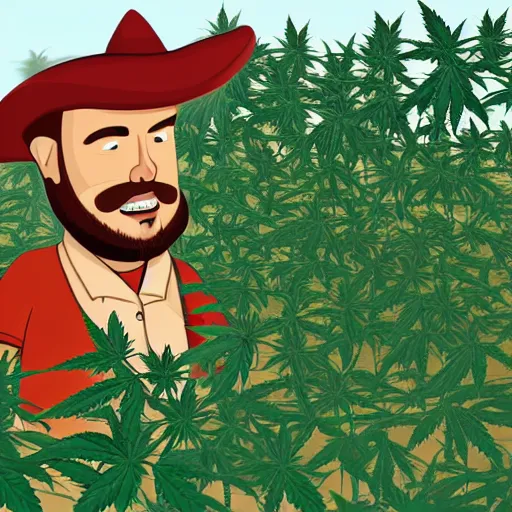 Prompt: an awkward and silly illustration of a cowboy admiring his field of cannabis plants