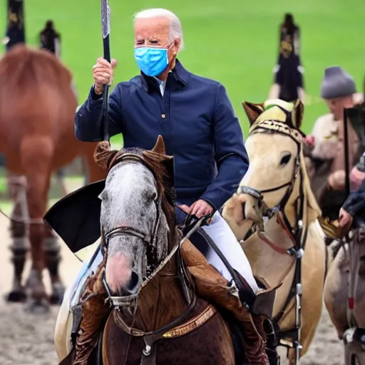 Image similar to Joe Biden riding a horse with a sword and armour, photo