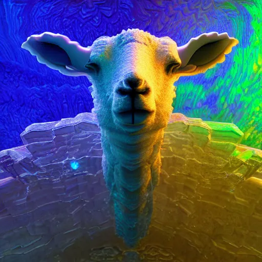 Image similar to a crystalline 3 d mandelbulb fractal in the shape of a lamb, bioluminescent opal, fractal, magnificent lighting, ethereal, ray tracing, octane, holographic, portrait