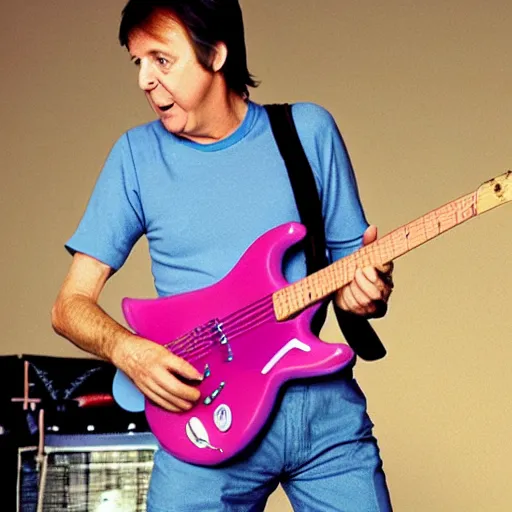 Image similar to Paul McCartney playing a Pink Squier Hello Kitty Stratocaster, 8k, high definition, highly detailed, photo-realistic