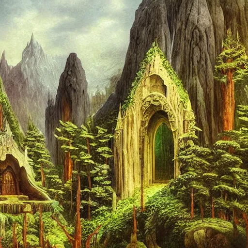 Prompt: A beautiful and highly detailed oil painting of beautiful elven temple in the mountains, detailed trees and cliffs, intricate details, rivendell, by Caspar Friedrich