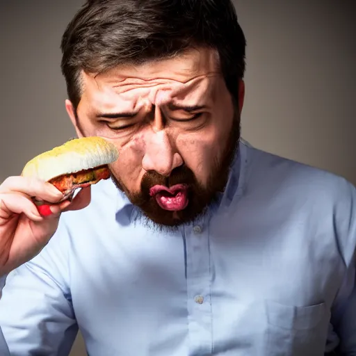 Image similar to A man looking in disgust at his lunch