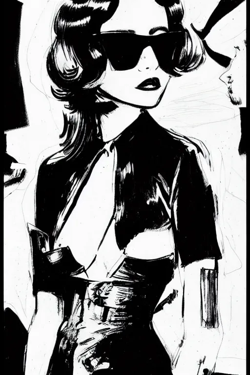 Prompt: portrait of young woman wearing black sunglasses, stunning dress, style of guido crepax