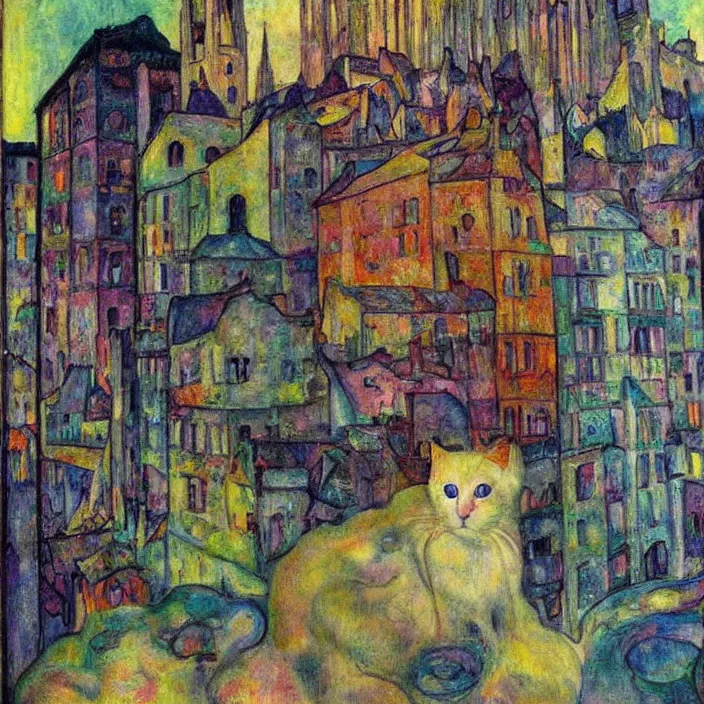 Image similar to dreamy fuzzy white cat sitting in a window, city with gothic cathedral. sun setting through the clouds, vivid iridescent psychedelic colors. munch, agnes pelton, egon schiele, henri de toulouse - lautrec, utamaro, matisse, monet