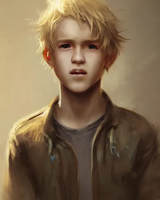 Image similar to portrait of 1 5 - year - old boy with blonde hair, round - face, and slightly buck - toothed, hyper realistic face, beautiful eyes, fantasy art, in the style of greg rutkowski, intricate, hyper detailed, smooth