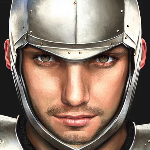 Prompt: realistic portrait, 30 year old man :: athletic, simple basic metal armour, majestic, authority, sword :: high detail, digital art, RPG, concept art, illustration