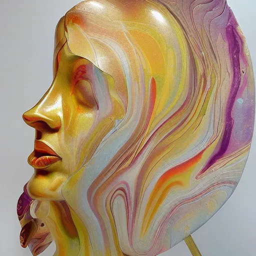 Prompt: epic, abstract sculpture of beautiful female face and marbling liquifying acrylic painting, clouds, golden hour, beautiful light, 3 d sculpture of carving marble