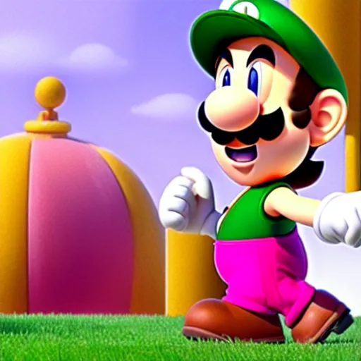 Image similar to luigi from super mario wearing a pink dress, studio ghibli, pixar and disney animation, sharp, rendered in unreal engine 5, highly detailed, digital painting, artstation, concept art, smooth, sharp focus, illustration, wide angle, artbook, splash art, dramatic lighting, art by artgerm and greg rutkowski and bo chen and jin xiaodi