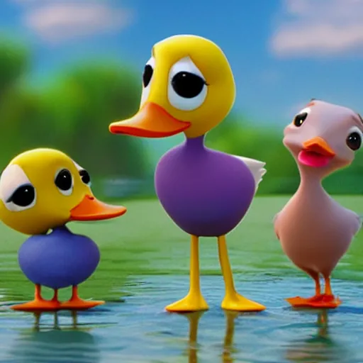 Image similar to Cute little duck family, still from a pixar!! movie