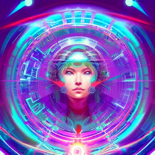 Image similar to a netrunner vortex mandala, vaporwave aesthetic, colorful, psychedelic, digital painting, artstation, concept art, smooth, sharp focus, illustration, art by artgerm and greg rutkowski and alphonse mucha