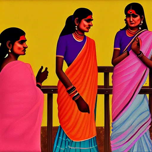 Prompt: aesthetic painting of indian rural women talking, trending on artstation, detailed digital art
