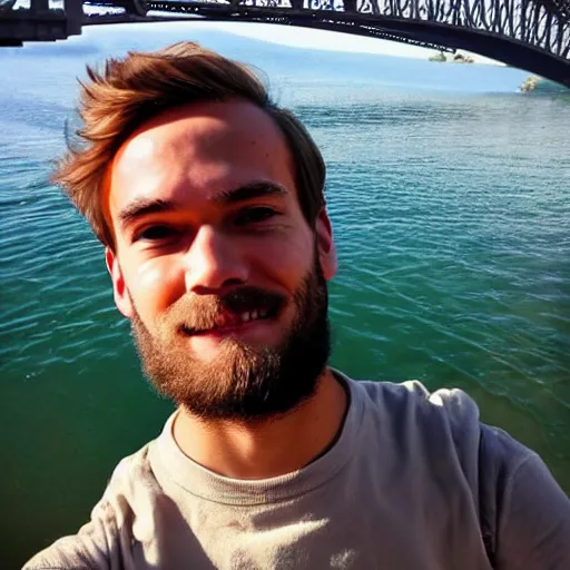 Prompt: Pewdiepie Selfie at a bridge