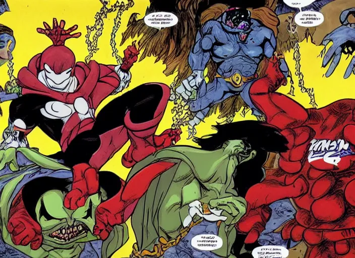 Image similar to The Creation of Adam, repainted by Todd McFarlane, in the style of Spawn and the Maxx