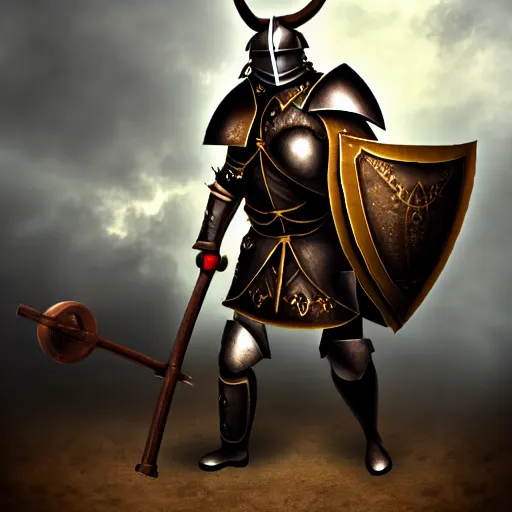 Image similar to a minotaur wearing plate armor and holding a mace