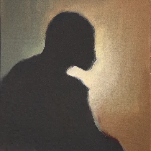 Prompt: a silhouette of a depressed person sitting in the corner of a dark room, oil on canvas