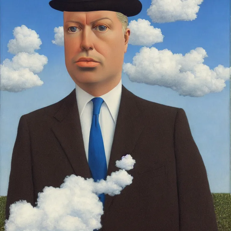 Image similar to portrait of a chrome - faced man in a suit, clouds in the background, by rene magritte, detailed painting, distance, centered, hd, hq, high resolution, high detail, 4 k, 8 k