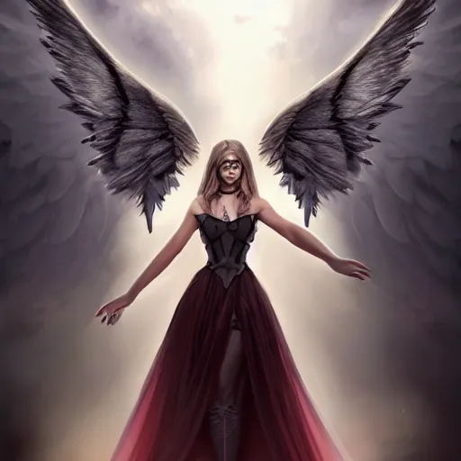 Prompt: perfectly - centered - portrait - photograph of an evil fallen angel wearing a dress, the perfect human female specimen, intricate, elegant, super highly detailed, professional digital painting, artstation, concept art, smooth, sharp focus, no blur, no dof, extreme illustration, unreal engine 5, 8 k, by anne stokes