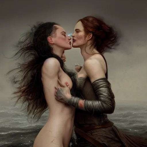 Prompt: megan fox and nicole kidman kissing each other, sharp focus, illustration, art by aenaluck and roberto ferri and greg rutkowski, epic fantasy, digital painting