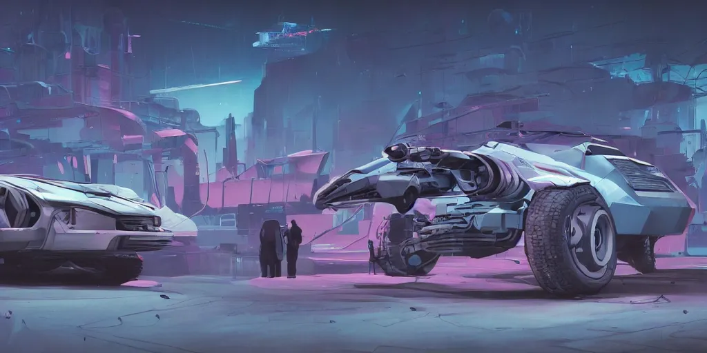 Prompt: Hard Surface Shape Form Exploration, Detailed, 8k, sci-fi, pastel colors, props, panel, concept, simon stalenhag ,syd mead, vehicle, speeder, parts,modular, insane detail, ash thorp, kyza, car, msucle cars , cyberpunk, collection, sports, exotic, legendary