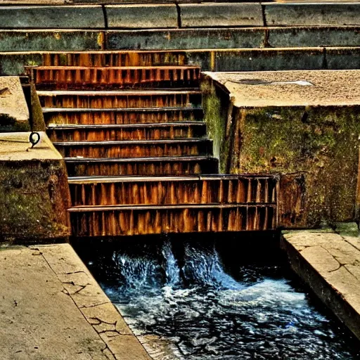 Image similar to old wooden gold sluice, beautiful view, artistic look, high details, water flowing