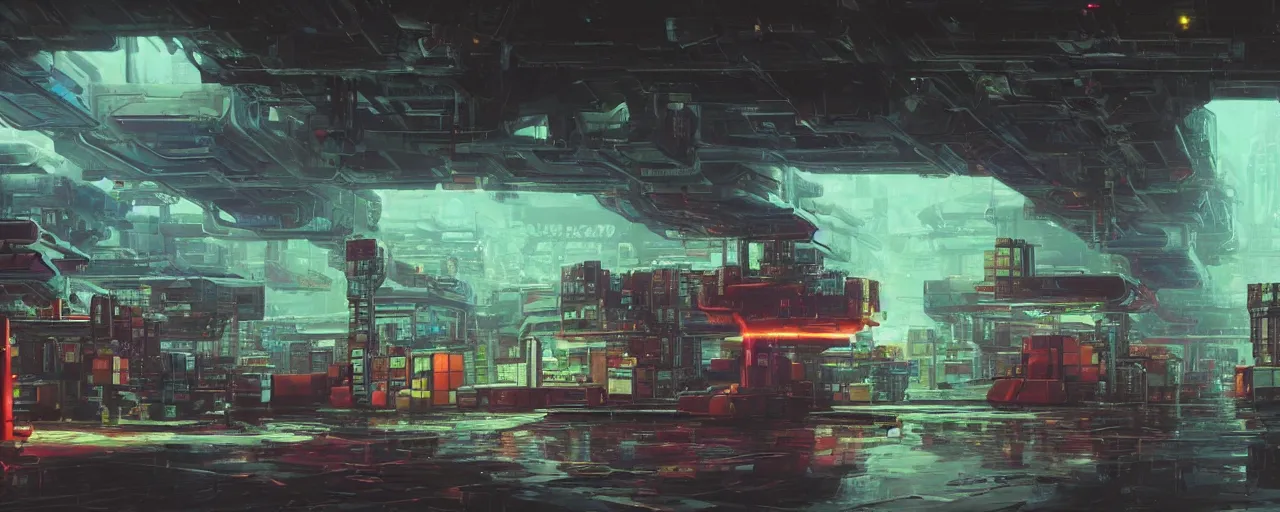 Image similar to ” futuristic scifi warehouse filled with containers, [ art by paul lehr, cinematic, detailed, epic, widescreen, opening, establishing, mattepainting, photorealistic, realistic textures, octane render ] ”