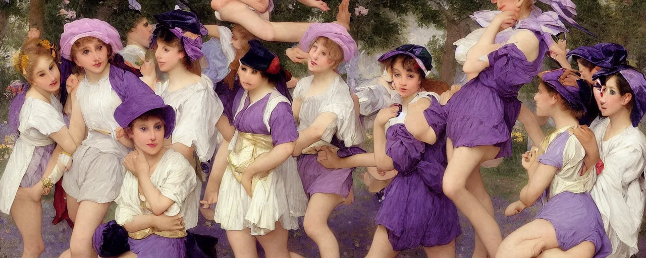 Prompt: A character sheet of full body cute magical girls with short blond hair wearing an oversized purple Beret, Baggy Purple overall shorts, Short Puffy pants made of silk, pointy jester shoes, a big billowy scarf, Golden Ribbon, and white leggings Covered in stars. Short Hair. Sunlit. Haute Couture.Art by william-adolphe bouguereau and Paul Delaroche and Alexandre Cabanel and Lawrence Alma-Tadema. Smooth. Elegant. Highly Detailed. Intricate. 4K. UHD. Denoise.