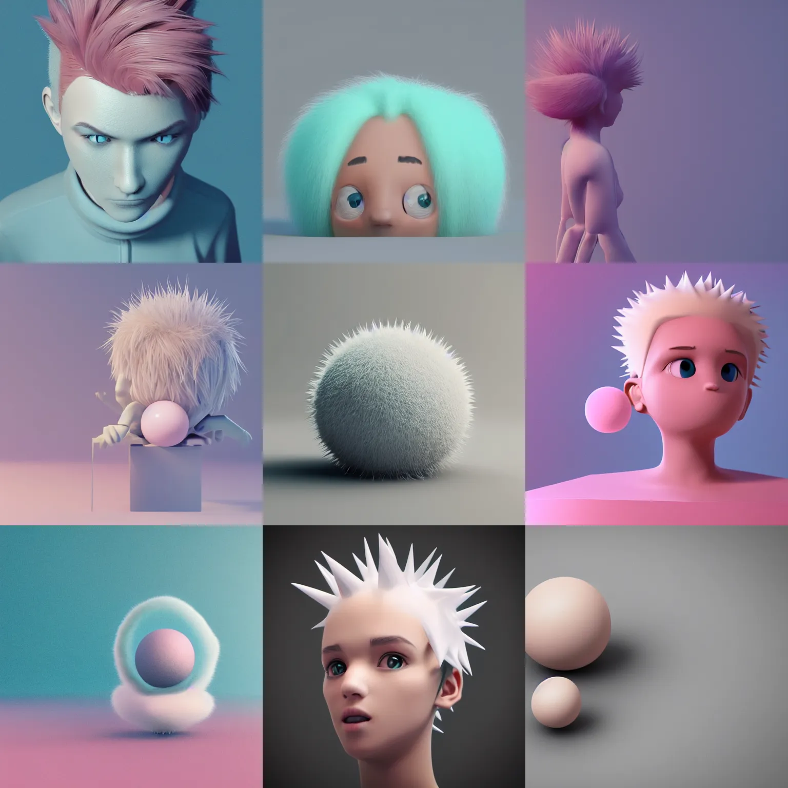 Prompt: postminimalism 3 d octane render, pastels soft spiky hair spheres, cute, soft, warm