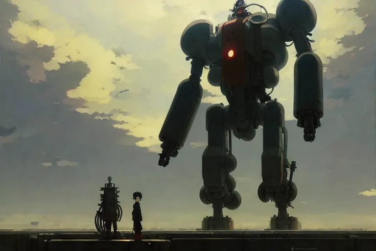 Image similar to dieselpunk, giant robot, painted by greg rutkowski makoto shinkai takashi takeuchi studio ghibli, akihiko yoshida