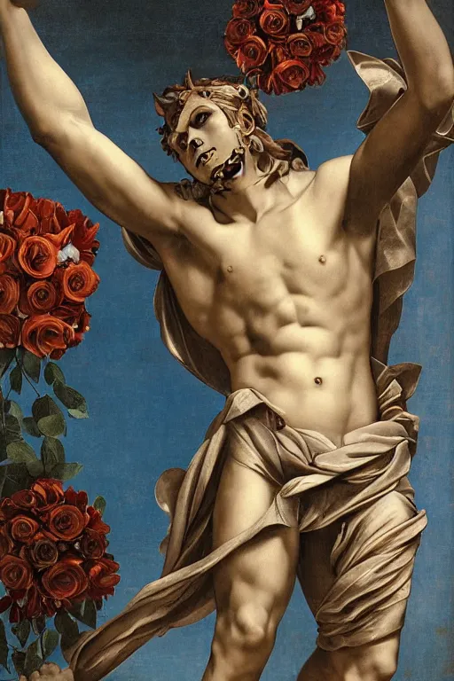 Image similar to a young handsome Spanish metal android with a large glowing battery in the center of his chest in a full-body bronze cyberpunk style statue of Icarus with glowing blue eyes, crown of peach roses, flowing teal-colored silk, fabric, flowers. baroque elements, human skull. full-length view. baroque element. intricate artwork by caravaggio. many many birds birds on background. Trending on artstation, octane render, cinematic lighting from the right, hyper realism, octane render, 8k, depth of field, 3D