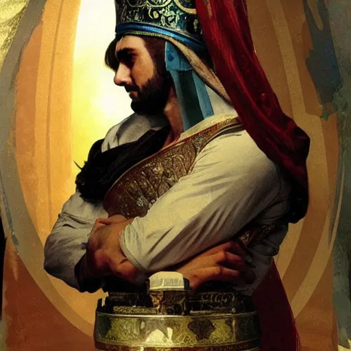 Prompt: the king of persia wearing a tin foil hat, sharp focus, illustration, art by greg rutkowski and alphonse mucha''