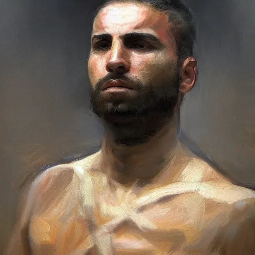 Image similar to a stunning and noble highly detailed portrait of a syrian warrior by josep tapiro baro and edward hopper, trending on artstation, oil painting masterpiece, symmetry, mysterious, very very very aesthetic