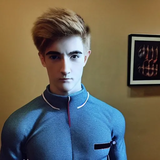 Image similar to “a realistic detailed photo of a guy who is an attractive humanoid who is half robot and half humanoid, who is a male android, twitch streamer Ninja Tyler Blevins, shiny skin, posing like a statue, blank stare”