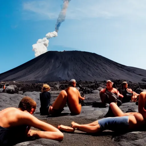 Prompt: people sunbathing on a volcano, lava, magma, smoke, steam, smoldering rocks