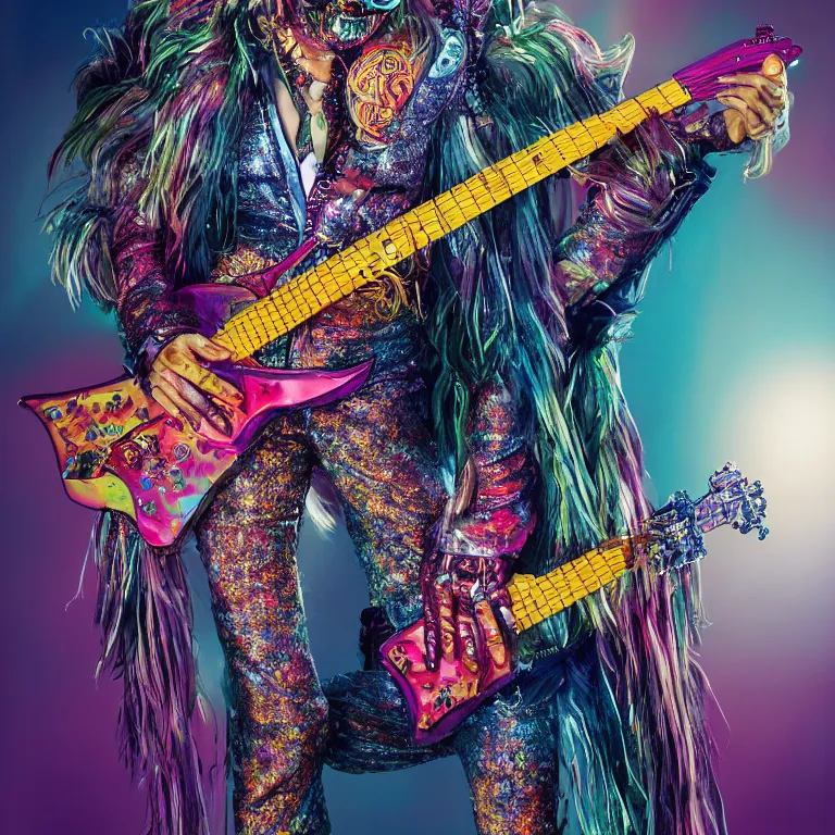 Prompt: high fashion photoshoot octane render portrait by wayne barlow and carlo crivelli and glenn fabry, a psychedelic werewolf guitar player wearing a colorful bright velvet and rhinestone glam rock outfit and holding a futuristic clear plastic fender guitar inside a futuristic beautiful boutique fantasy hotel lobby, very short depth of field, bokeh