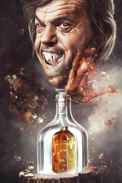 Prompt: a ship in a bottle but instead of a ship a young jack nicholson is in the bottle, jack nicholson, fancy whiskey bottle, masterpiece painting by artgerm and tom bagshaw and greg rutkowski