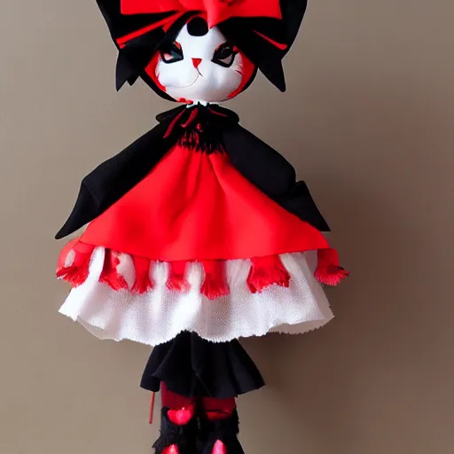 Prompt: cute fumo plush of a cat girl in a gothic dress, red and black, ruffles tassels and ribbons, soft shadow, cel shading, vray