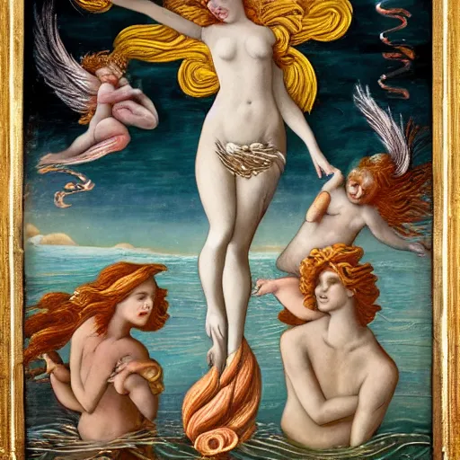 Image similar to The mixed media art depicts the goddess Venus, who is born from the sea, being blown towards the shore by the wind god Zephyr. On the shore, the goddess of love, beauty, and fertility, is greeted by the nymphs who attend to her. The mixed media art is a masterful example of use of color, light, and perspective. The figures are depicted in graceful poses, and the overall effect is one of serenity and beauty. white by Heather Theurer mournful