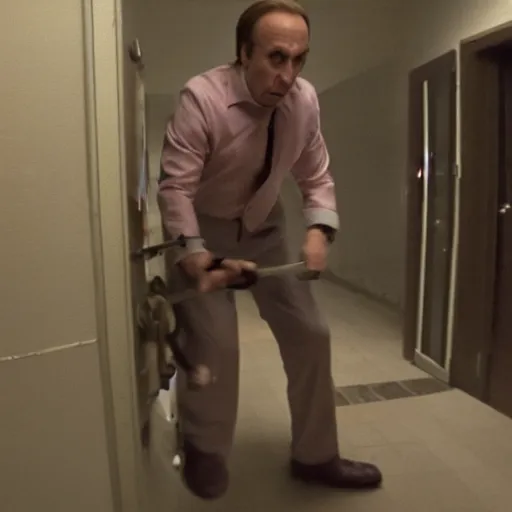 Prompt: Saul Goodman chained in an asylum room, claustrophobic, security camera recording