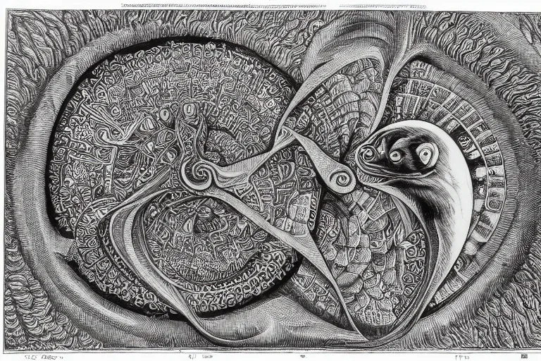 Prompt: an ornate illustration in the styles of mandalas and fractals, the styles of escher and penrose, depicting a weasel staring deep into the heart of the impossible all - and - nothing of the emerging singularity ; / what has god wrought? / he seems to be whispering.