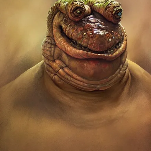 Image similar to photoreal portrait of an armoured bloated man resembling a toad, by boris vallejo and norman rockwell, artstation, horror, concept creature character art