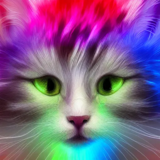 Image similar to of a very proud fluffy rainbow kitten with a glowing rainbow aura, digital art