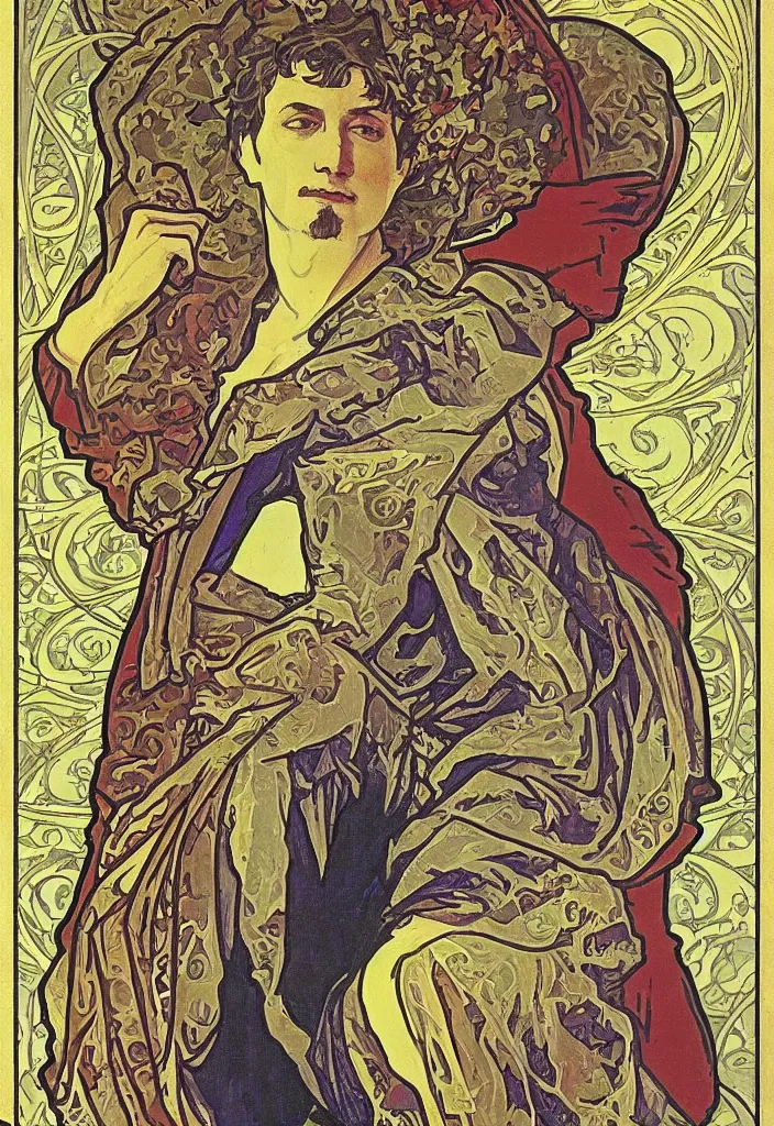 Prompt: Geoffrey Hinton as The Hierophant on a tarot card, tarot in art style by Alphonse Mucha