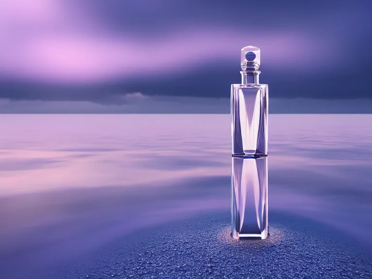 Image similar to perfume bottle standing on lilpadss in a deep blue frosted pond ; mute dramatic colours, soft blur outdoor stormy sea background, dramatic, mid day, sand dune background, soft lilac skies, large scale, hyperrealistic, lots of detail, realistic lighting, octane render, by wlop, artgerm, trending on artstation