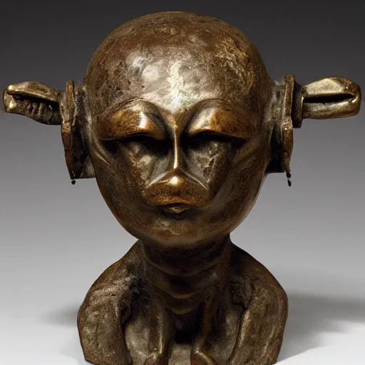 Prompt: a martian artifact in a museum, bronze, old, alien